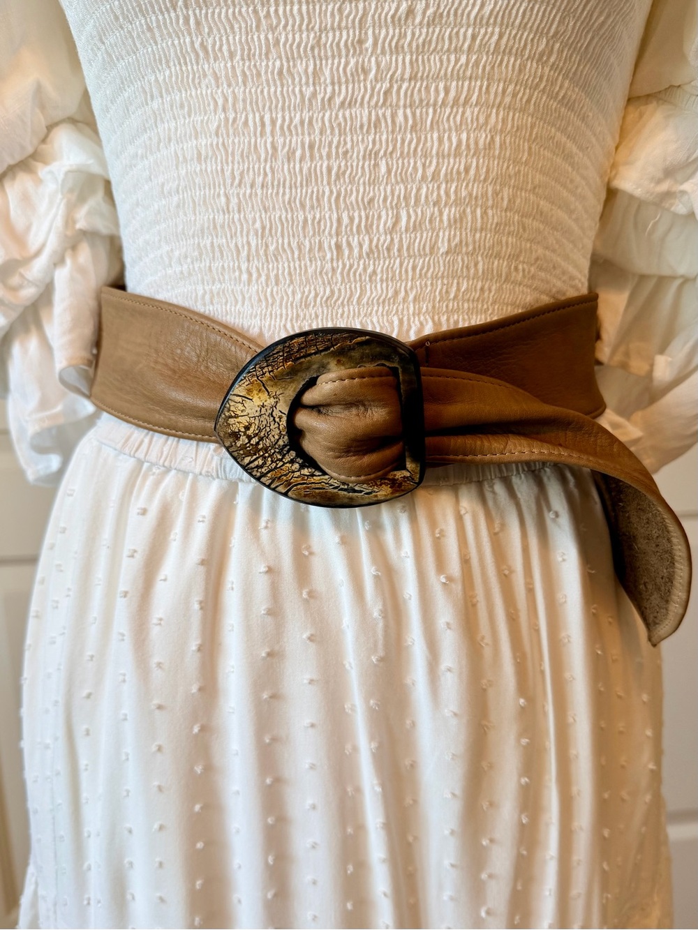 Patricia Green Wide Tan Leather Waist Belt with Antiqued Buckle